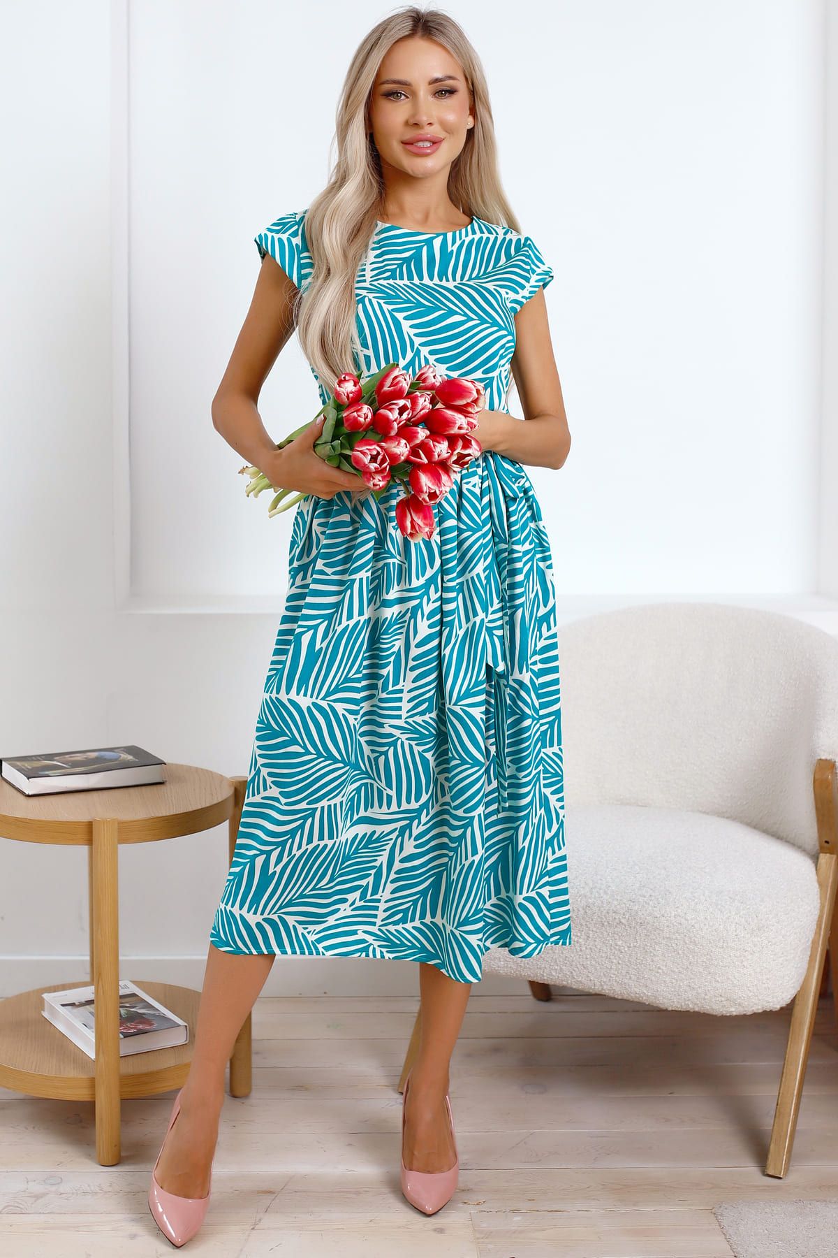 Платье Ольга (зелено-белое) П15886-45М
